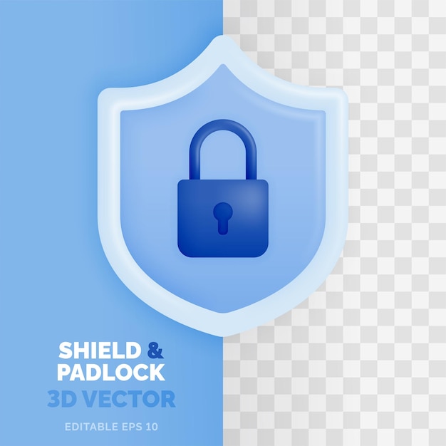 SCUDO e LUCCHETTO illustrazione vettoriale in 3d stile lucido e plastico Per motivi di sicurezza e protezione nella tecnologia e nelle transazioni finanziarie