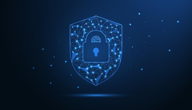 Scudo luminoso Icona di sicurezza informatica Protezione digitale futuristica Sicurezza dei dati e concetto di sicurezza della rete con scudo al neon luminoso su sfondo scuro