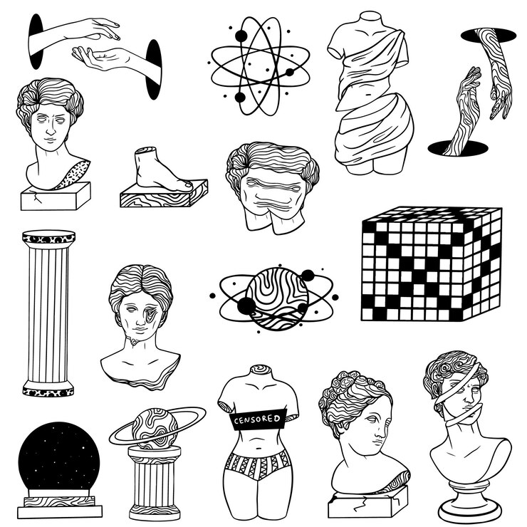 Scultura greca antica astratta e forme geometriche surreali set di adesivi spilli patch alla moda