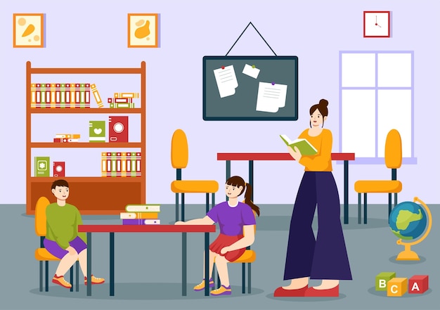 Scuola elementare Illustrazione vettoriale degli studenti Bambini e costruzione con l'apprendimento e la conoscenza