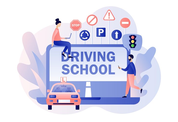 Scuola guida Patente di guida Piccole persone che studiano in lezione di guida e superano gli esami online