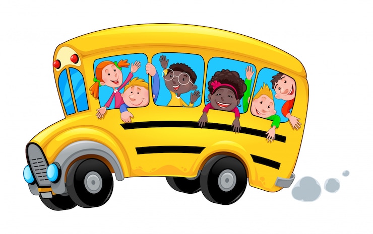Vettore scuolabus dei cartoni animati con studenti bambino felice