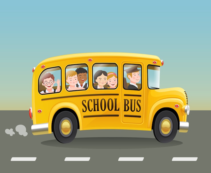 Vettore scuolabus del fumetto con i bambini.