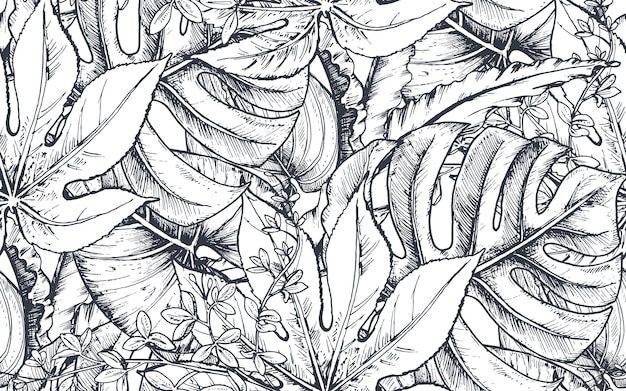 seamless con composizioni di fiori tropicali disegnati a mano, foglie di palma, piante della giungla, bouquet paradiso. motivo floreale abbozzato in bianco e nero