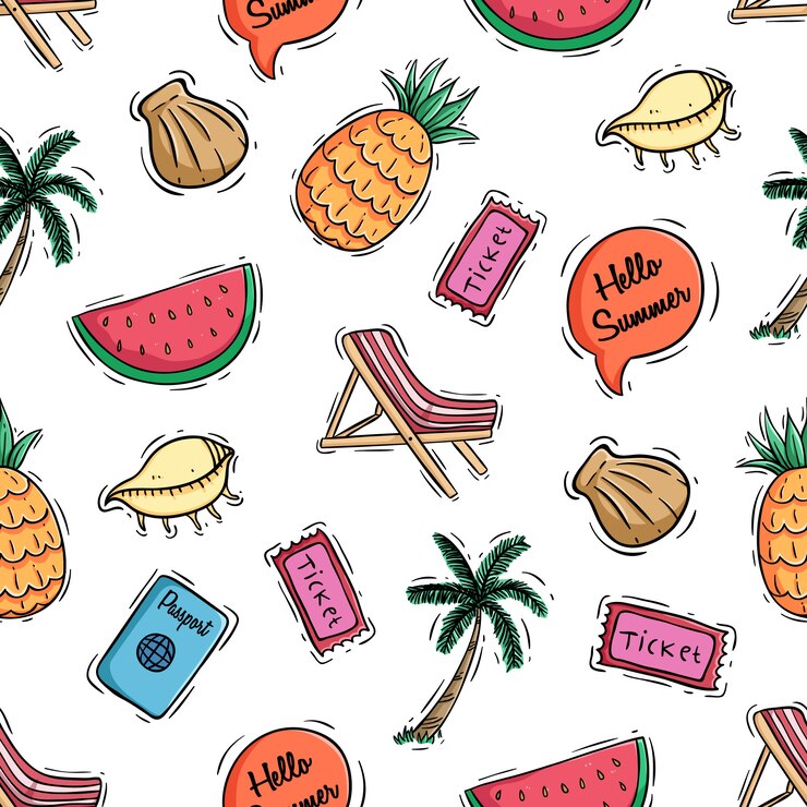 seamless di elementi estivi carino e frutti con stile colorato doodle