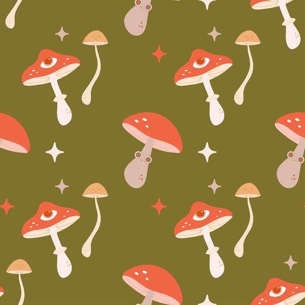 Seamless Groovy Pattern Funghi stile psichedelico anni '70 sfondo tessile