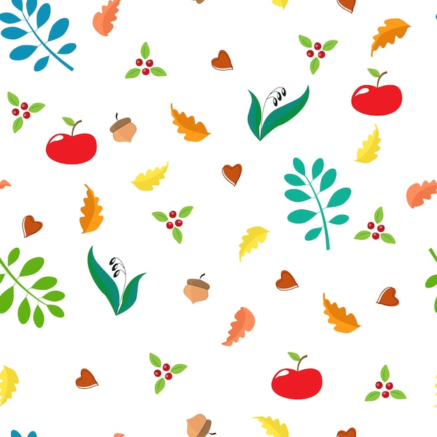 Seamless pattern autunnale con foglie di quercia mele mirtilli rossi ghiande foglie blu Illustrazione vettoriale di EPS10