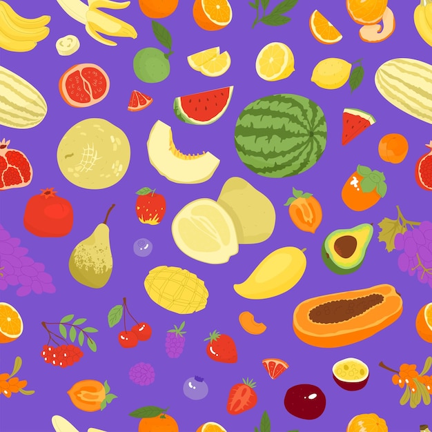 Seamless pattern con frutta Prodotti agricoli agricoltura biologica Diversi tipi di frutta Melone anguria bacche agrumi Illustrazione vettoriale per agricoltori e mercati alimentari
