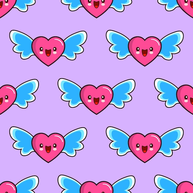 Seamless pattern di cuori sorridenti con le ali su sfondo viola tessile carta da parati vettore Vettoriali San Valentino amore