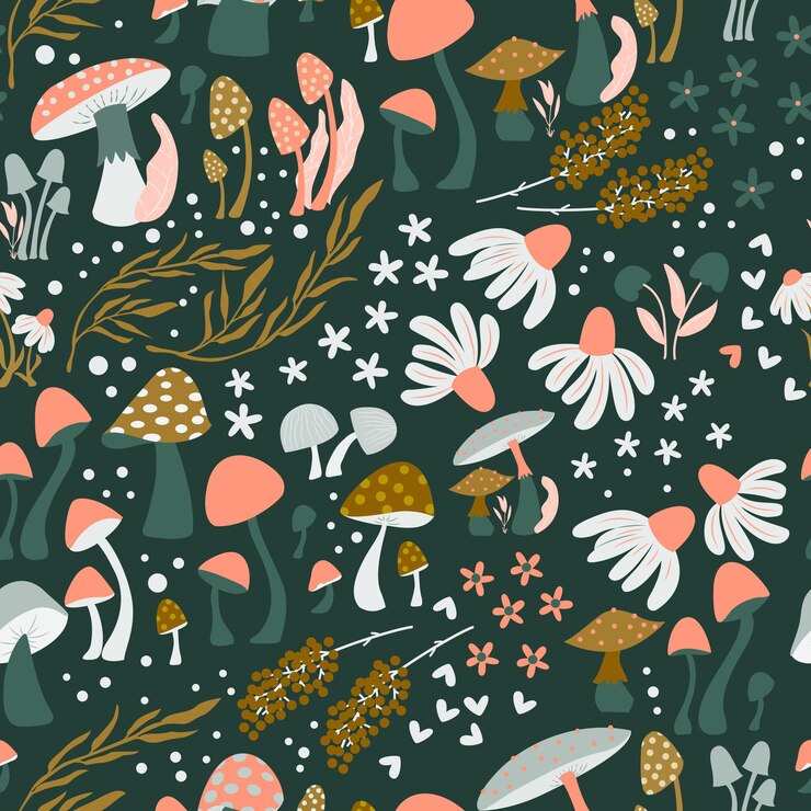 Vettore seamless pattern di funghi e fiori con bellissimi fiori foglie e boccioli bellissimo giardino boschivo in natura illustrazione vettoriale colorato
