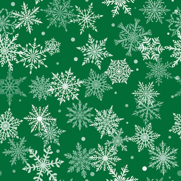 Seamless pattern di Natale di fiocchi di neve complessi belle nei colori verde e bianco Sfondo invernale con la neve che cade