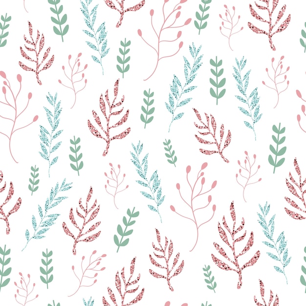 Seamless pattern glitter su bianco con foglie scintillanti colorate