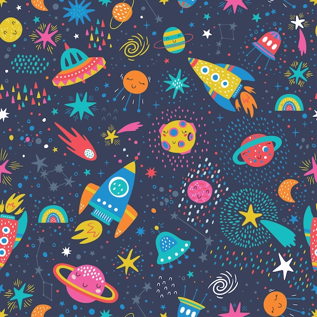 Seamless pattern infantile con elementi spaziali, stella.