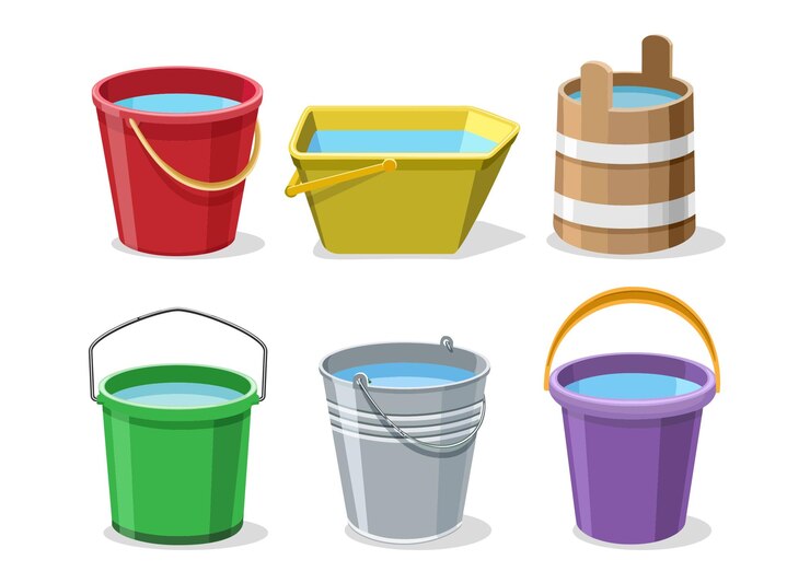 Vettore secchi con acqua set di secchi isolati su sfondo bianco set vettoriale di secchi di giardino pieni d'acqua