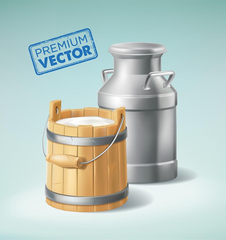 Vettore secchio di legno con lattina di latte contenente un vettore di illustrazione 3d isolato