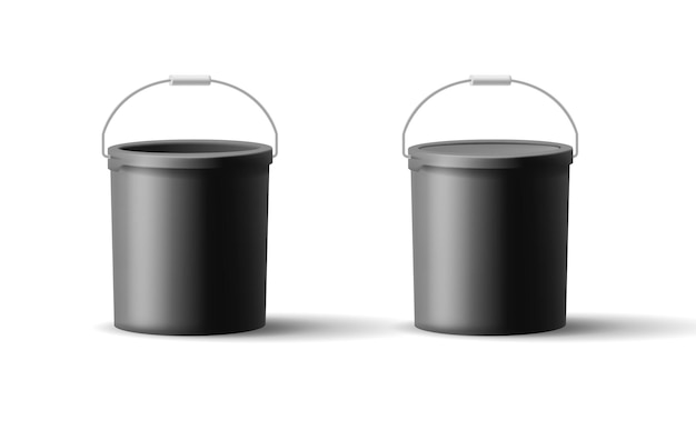 Secchio in plastica nera realistico per merci con coperchio chiuso e aperto Secchio per la costruzione di imballaggi