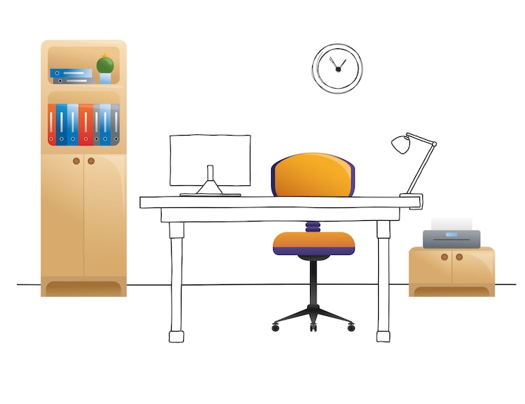 Vettore sedia da ufficio, scrivania, vari oggetti sul tavolo. area di lavoro con stile. illustrazione
