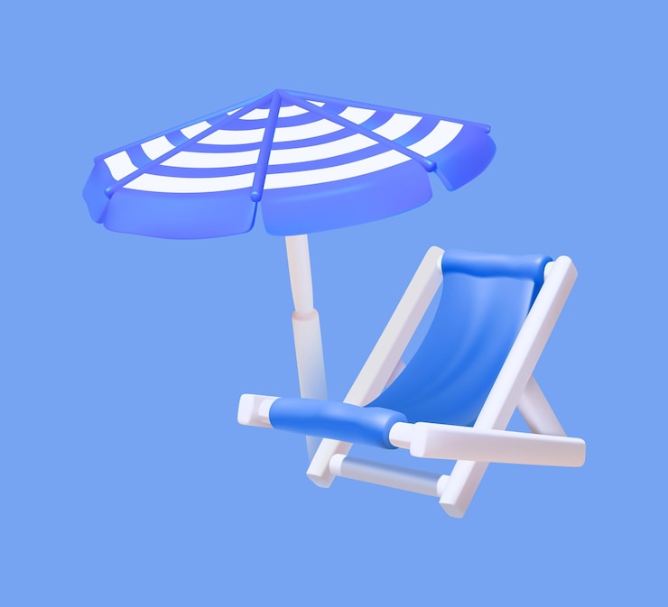 Vettore sedile da spiaggia 3d e ombrello per il relax estivo