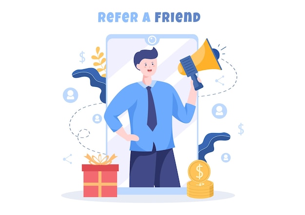 Segnala un amico Design piatto Illustrazione con megafono sullo schermo Telefono cellulare e social media marketing per amici tramite banner, sfondo o poster