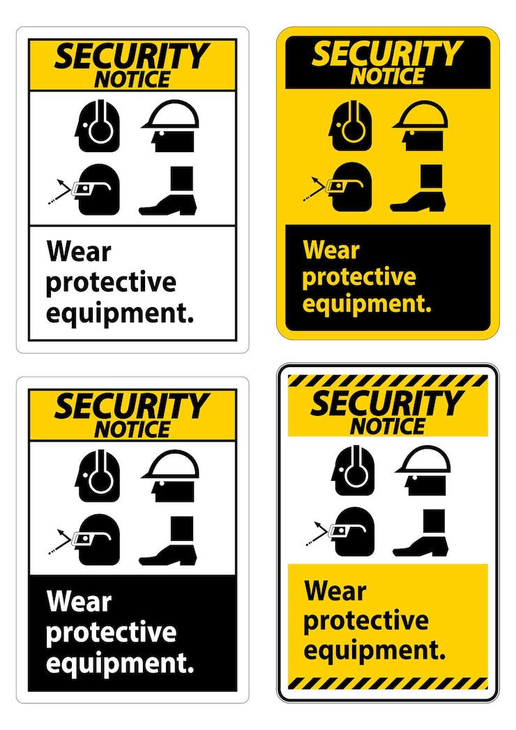 Vettore segnale di avviso indossare attrezzature di protezione di sicurezzacon simboli di ppe su sfondo bianco illustrazione vettoriale