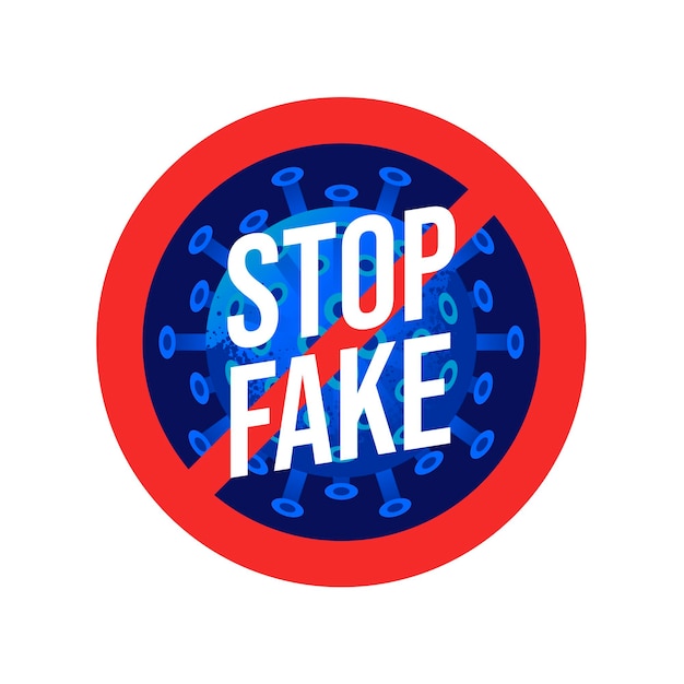 Segnali di prevenzione, Stop FAKE NEWS per il virus COVID-19 o il nuovo simbolo del coronavirus, Sing simbolo di sfondo, illustrazione vettoriale.