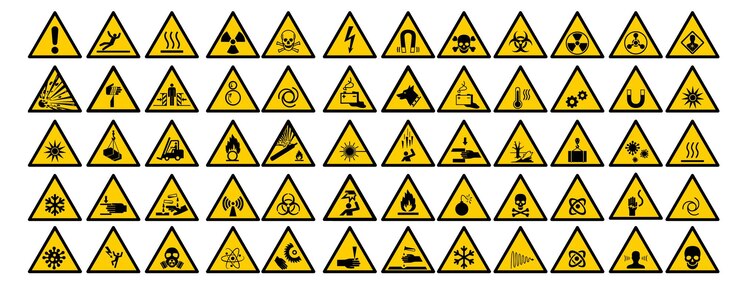 Vettore segni di pericolo e segnalazioni di raccolta segni gialli e neri segni di sicurezza illustrati