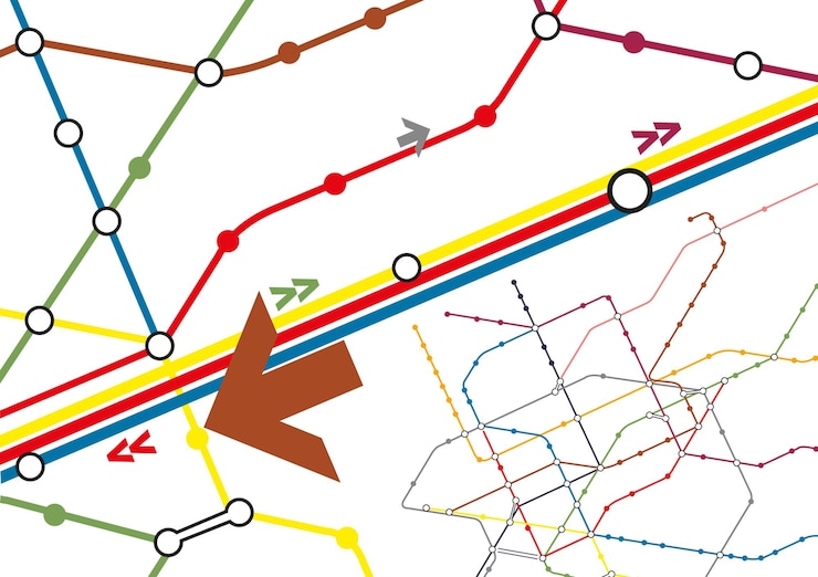 Vettore segni sotterranei della metropolitana con schemi e stazioni con frecce illustrazione vettoriale