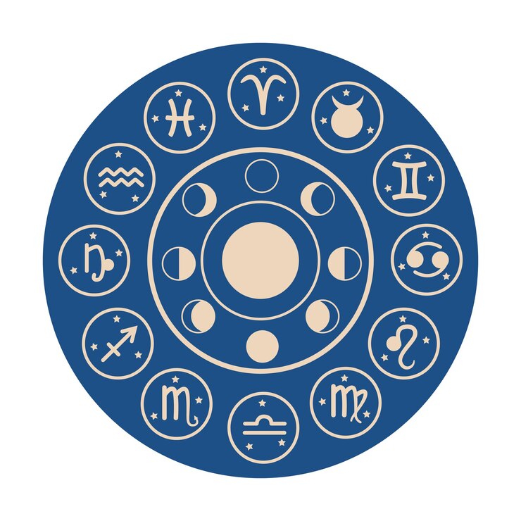 Segni zodiacali in cerchio con stelle in stile piatto Immagine vettoriale
