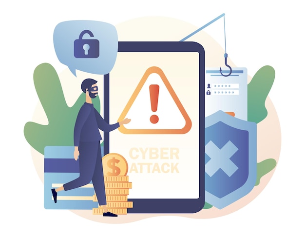 Segno di attenzione sullo smartphone Attacco hacker Internet e concetto di sicurezza dei dati personali