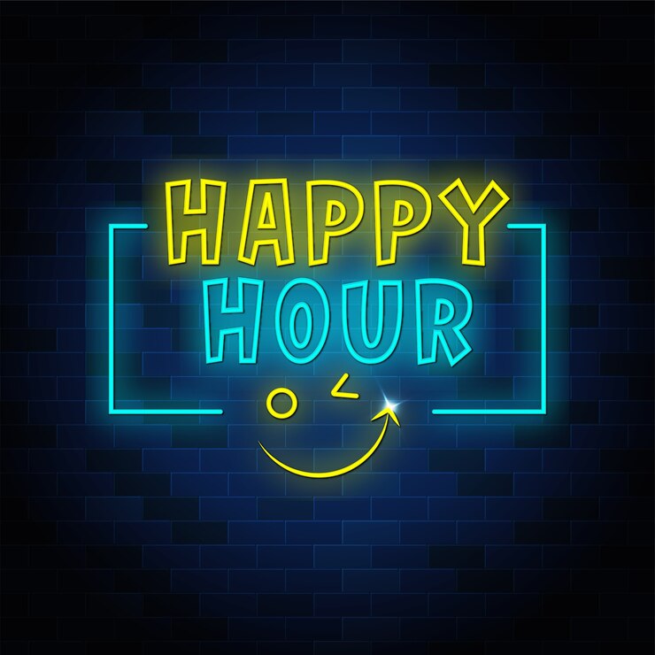 Vettore segno di testo al neon happy hour