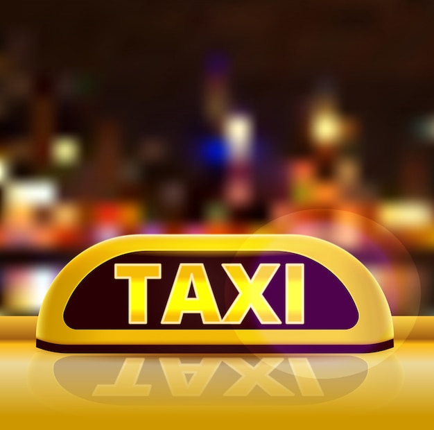 Segno giallo del taxi sul tetto dell'automobile in una via della città. Auto taxi di New York di notte. Segno al neon luminoso del taxi sul grande fondo della città del bokeh. illustrazione.