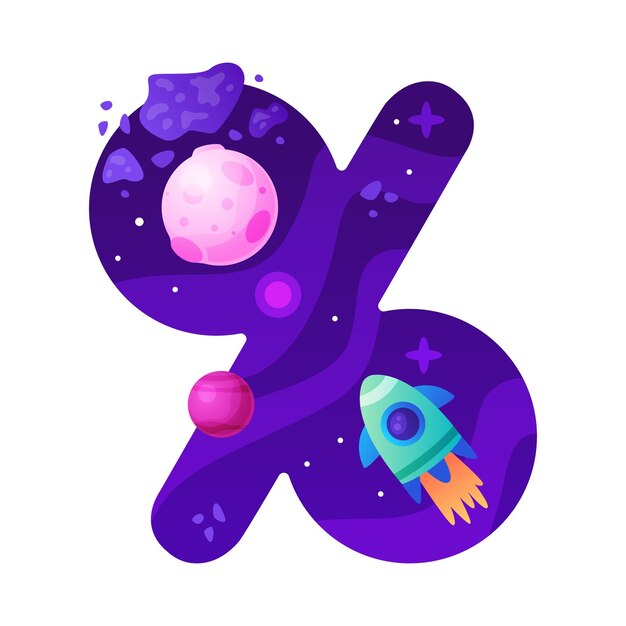 Segno percentuale spaziale con illustrazione vettoriale del razzo e del cielo stellato