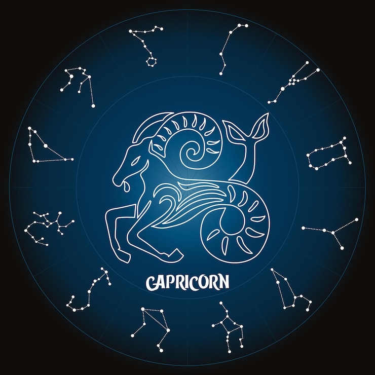 Vettore segno zodiacale capricorno nel cerchio astrologico con costellazioni zodiacali, oroscopo. blu e bianco