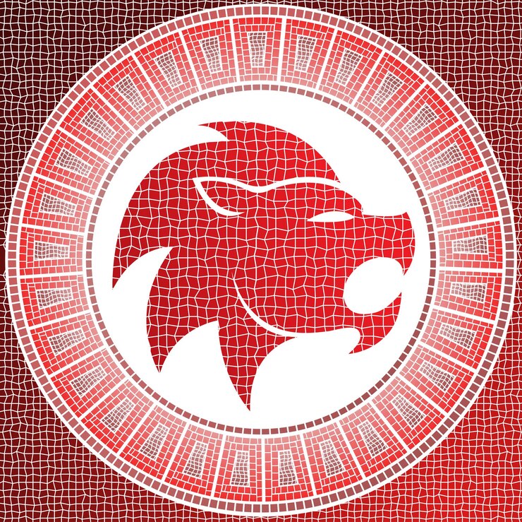 Vettore segno zodiacale leone rosso sotto forma di un mosaico antico