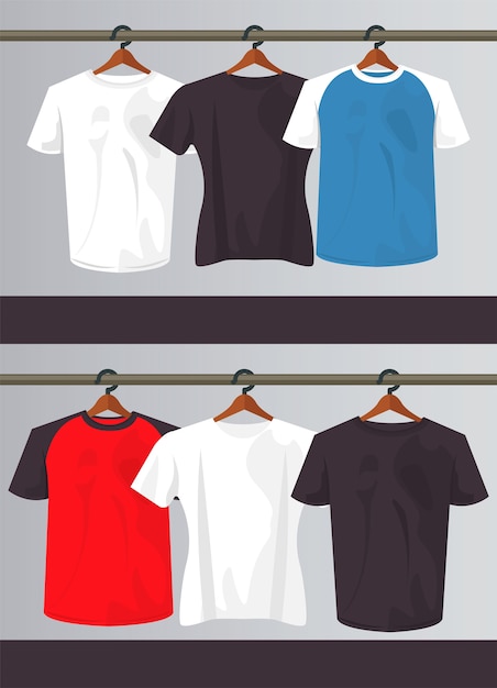 Sei camicie mockup appese a mollette.