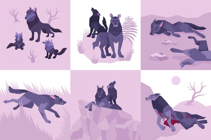 Vettore sei icone piatte mowgli isolate con l'ululato dei lupi sconfitti sanguinanti uccisi e illustrazione in esecuzione