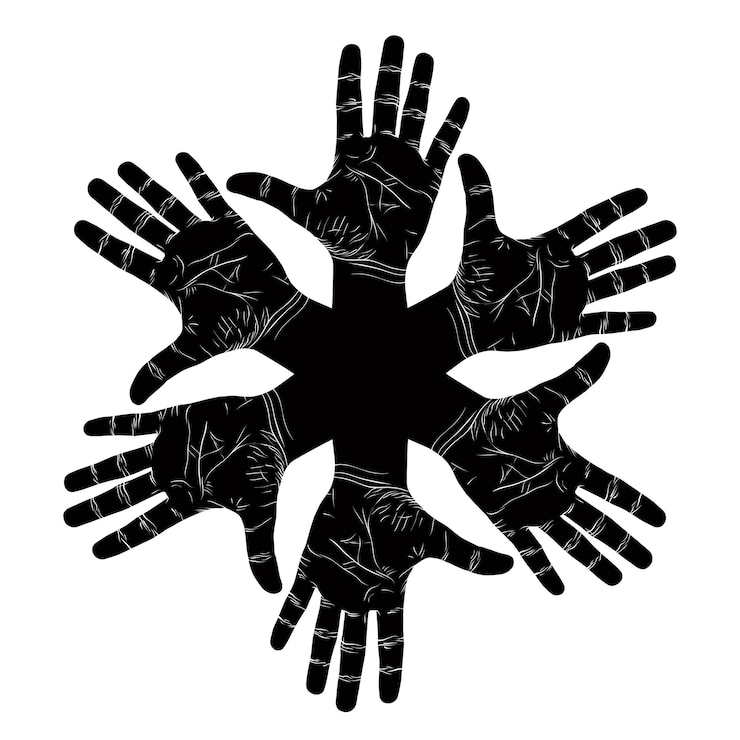 Vettore sei mani aperte simbolo astratto, dettagliata illustrazione vettoriale in bianco e nero, segno della mano.