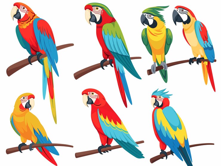 Vettore sei pappagalli colorati seduti sulle perche piume vibranti varie pose in stile cartone animato tropicale