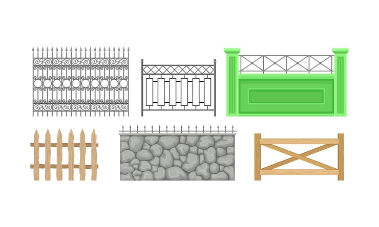 Vettore sei recinzioni decorative di diversi materiali legno metallo e pietra disegno esterno dei cancelli e dell'area circostante architettura esterna set di illustrazione vettoriale piatta sfondo bianco isolato