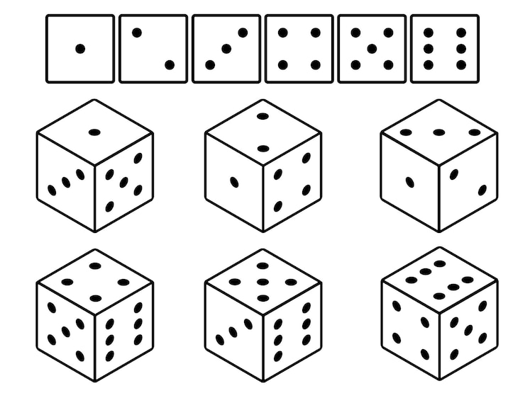 Vettore sei varianti di cubi di gioco bianchi isolati su sfondo bianco concetto di gioco d'azzardo