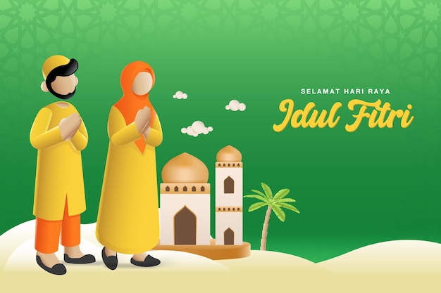 Selamat hari raya Idul Fitri si traduce in Eid al fitr mubarak coppia musulmana benedizione Eid al fitr con moschea sullo sfondo