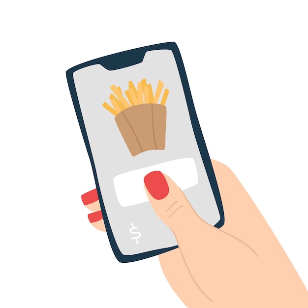 Selezione del cibo nell'ordine di consegna dell'app per smartphone di patatine fritte Illustrazioni isolate