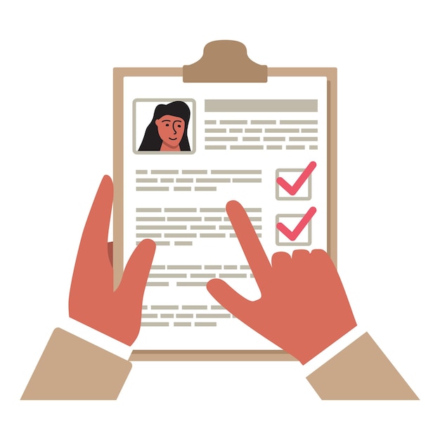 Selezione manuale CV Curriculum vitae cartaceo candidata ragazza Valutazione del dipendente Assunzione di persone per un lavoro