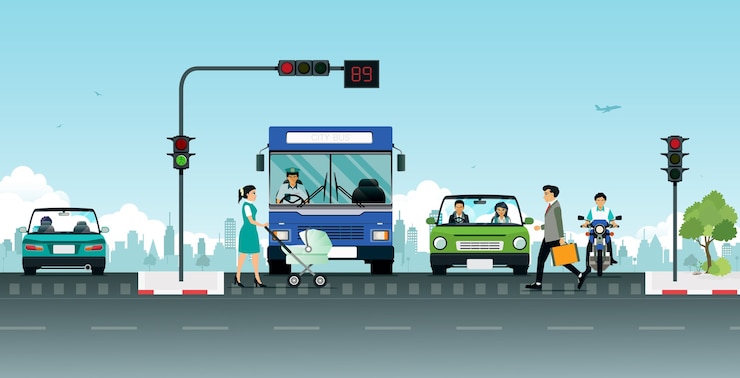 Vettore semafori e persone che attraversano strade con fondali di città.