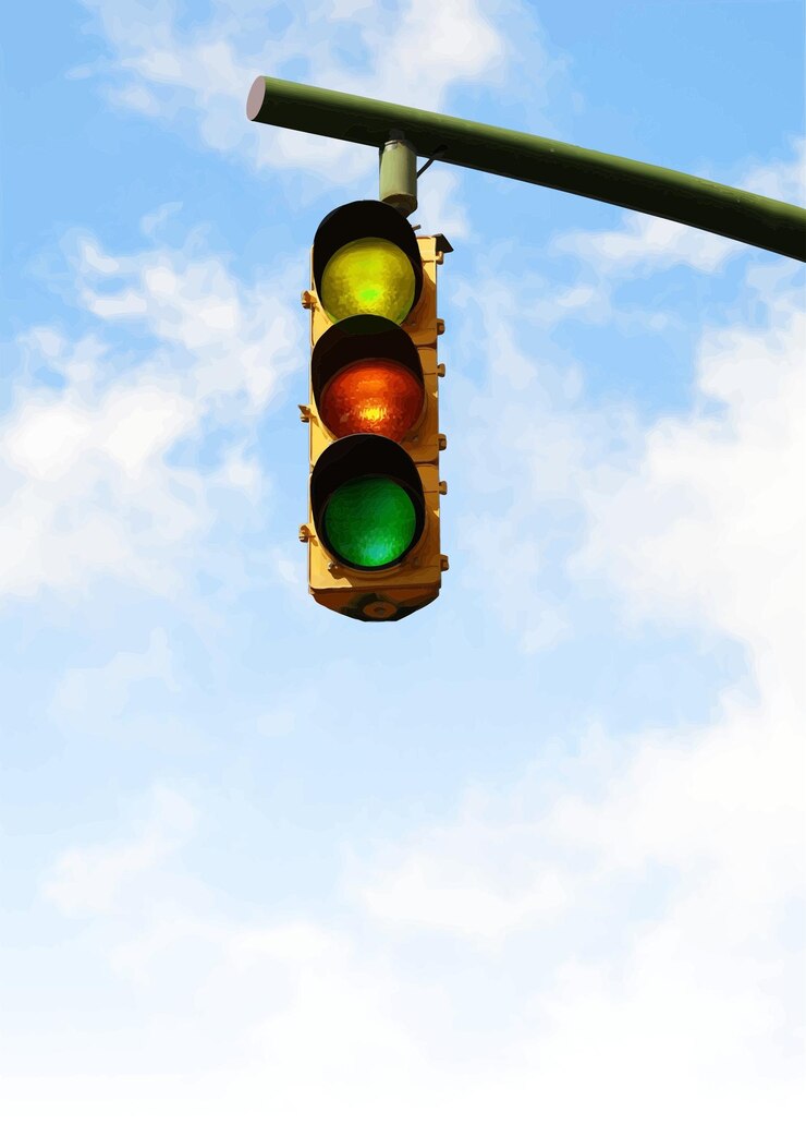 Vettore semaforo che mostra segnali verdi gialli e rossi contro un cielo blu con nuvole che regolano il flusso di traffico illustrazione disegnata a mano