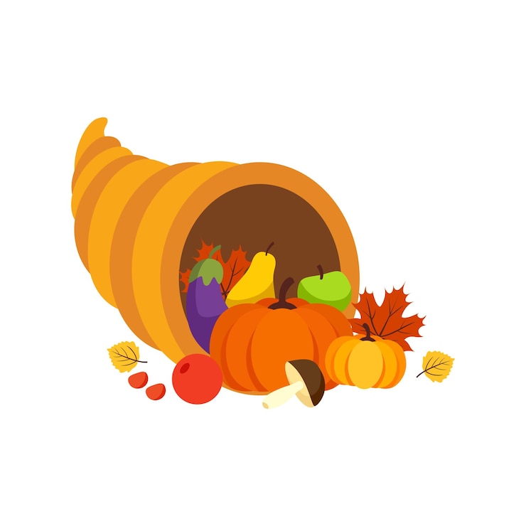 Vettore semplica progettazione piatta della cornucopia della raccolta cornucopia per l'illustrazione del tema del ringraziamento