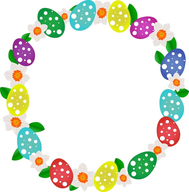 Semplice corona di Pasqua cartone animato con uova colorate e narciso isolato illustrazione vettoriale