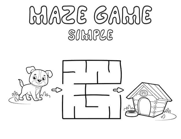 Semplice gioco di puzzle labirinto per bambini. Delinea un semplice labirinto o un gioco del labirinto con il cane. Illustrazioni vettoriali