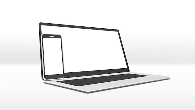 Semplice laptop trasparente e smartphone con display bianco