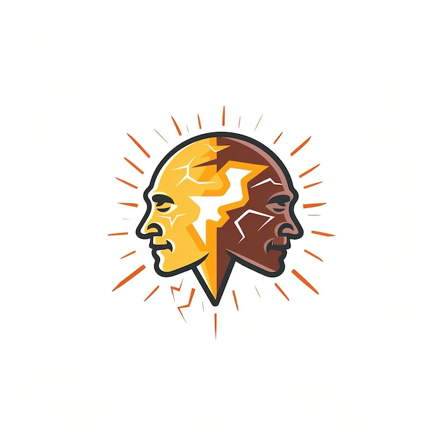 semplice logo di due cervelli che rappresentano idee in conflitto con un fulmine che si separa